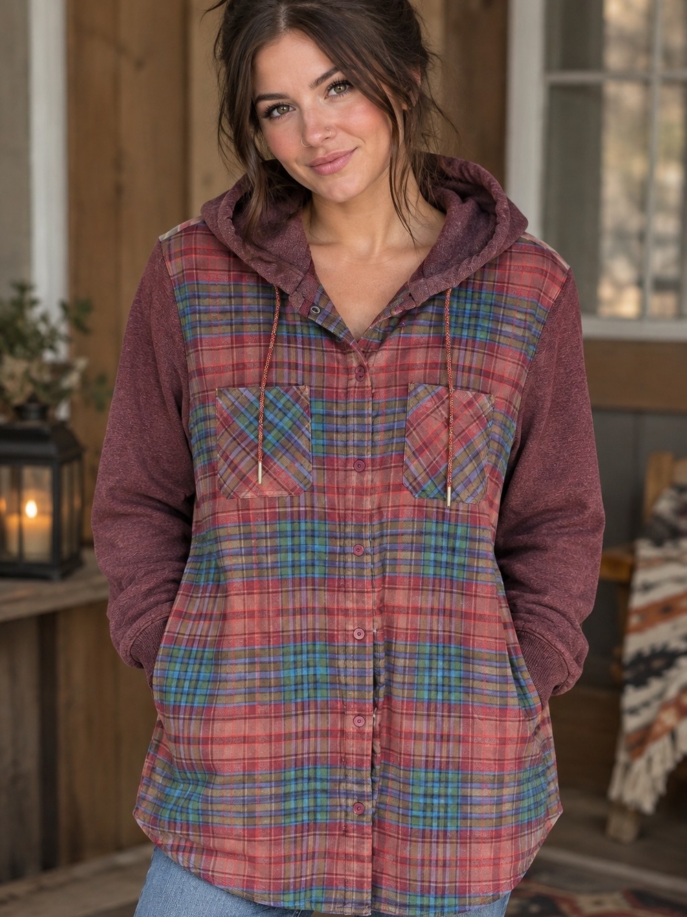 L.L. Bean Women's Plaid Hooded Button-Up Shirt Jacket - L Burgundy Plaid